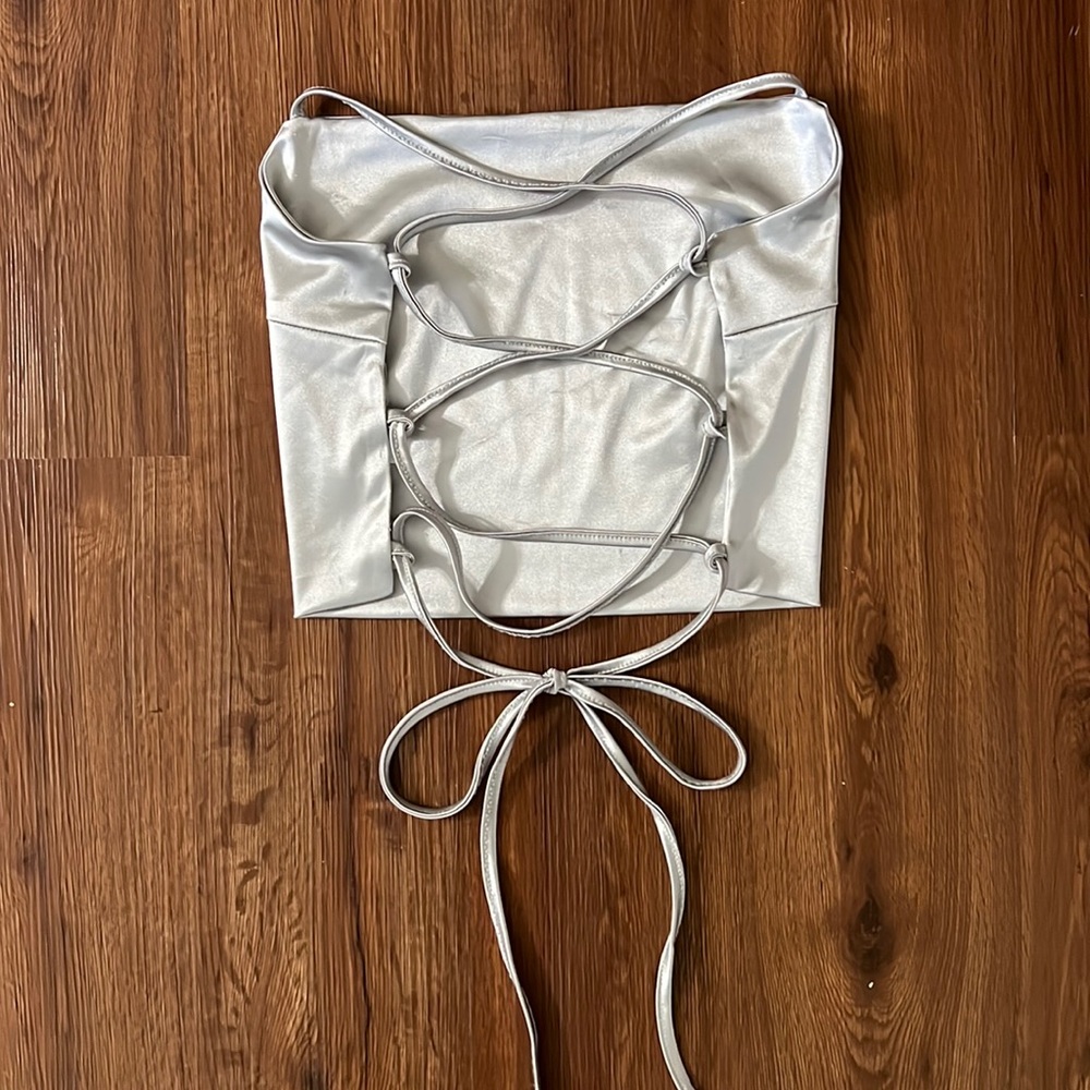 SHEIN strappy, silver, cross back, crop top